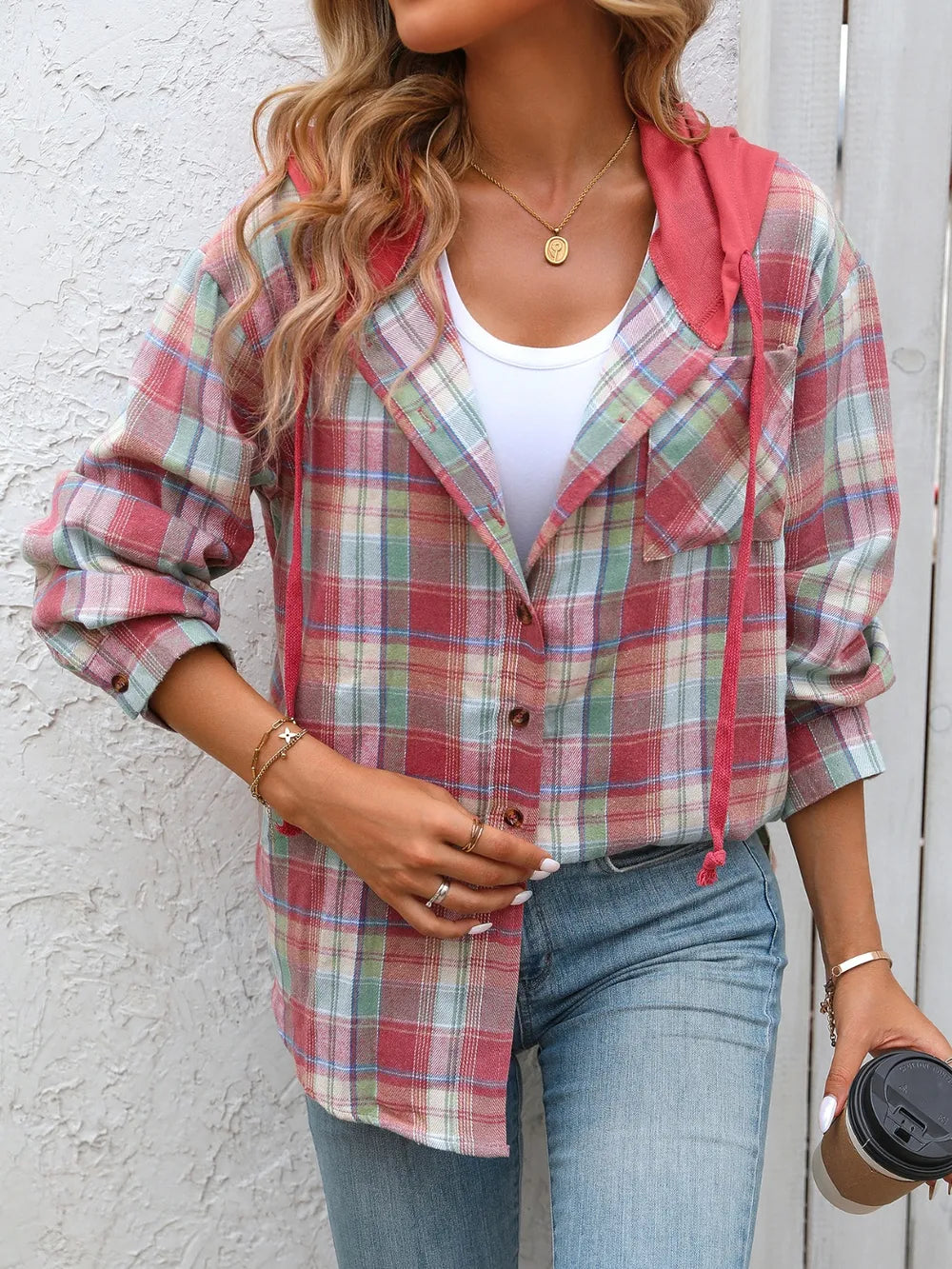 Plaid Long Sleeve Hooded Jacket nicholesgifts