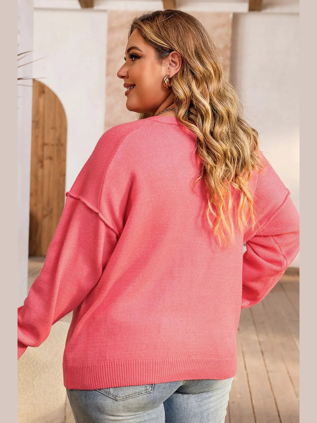 Plus Size V-Neck Dropped Shoulder Sweater Trendsi
