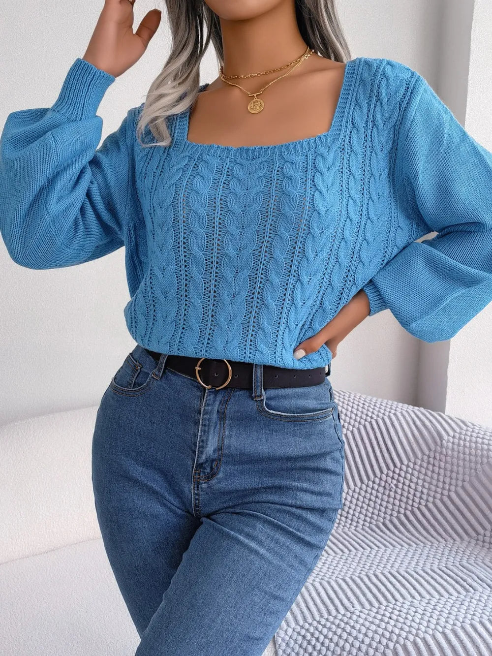 Cable-Knit Square Neck Long Sleeve Sweater Trendsi