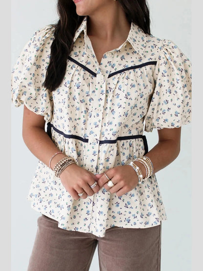 Contrast Trim Floral Puff Short Sleeve Shirt nicholesgifts