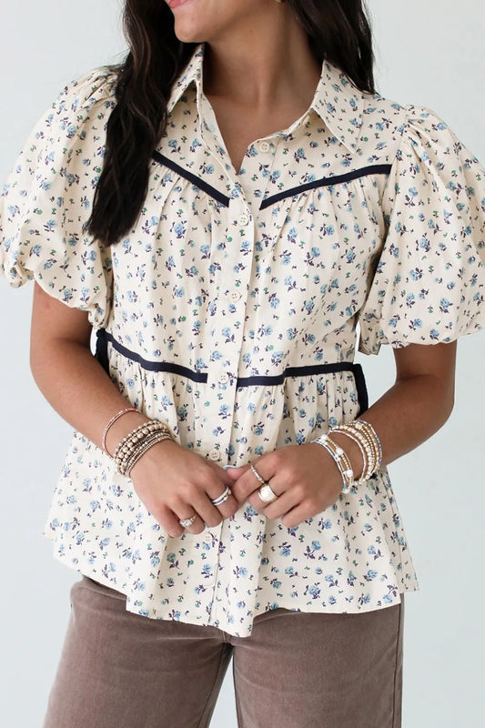 Contrast Trim Floral Puff Short Sleeve Shirt Trendsi