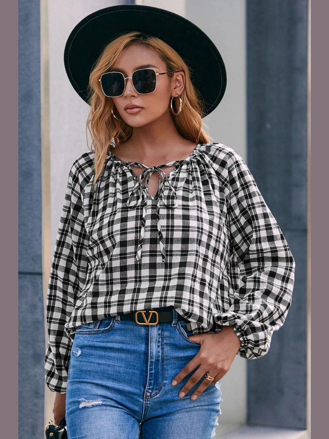 Ivy Lane Plaid Tie Neck Balloon Sleeve Blouse