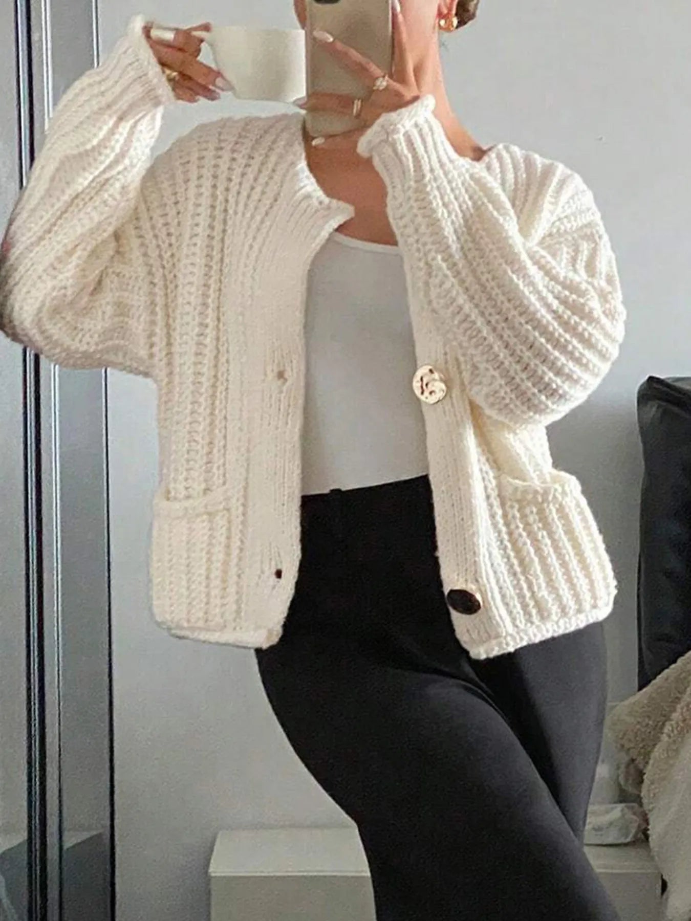 Button-Front Knit Cardigan with Pockets