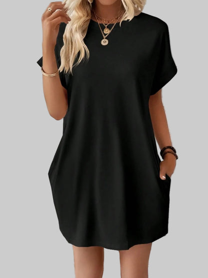 Women Pocketed Round Neck Short Sleeve Dress nicholesgifts