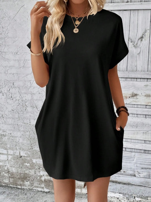 Pocketed Round Neck Short Sleeve Dress nicholesgifts