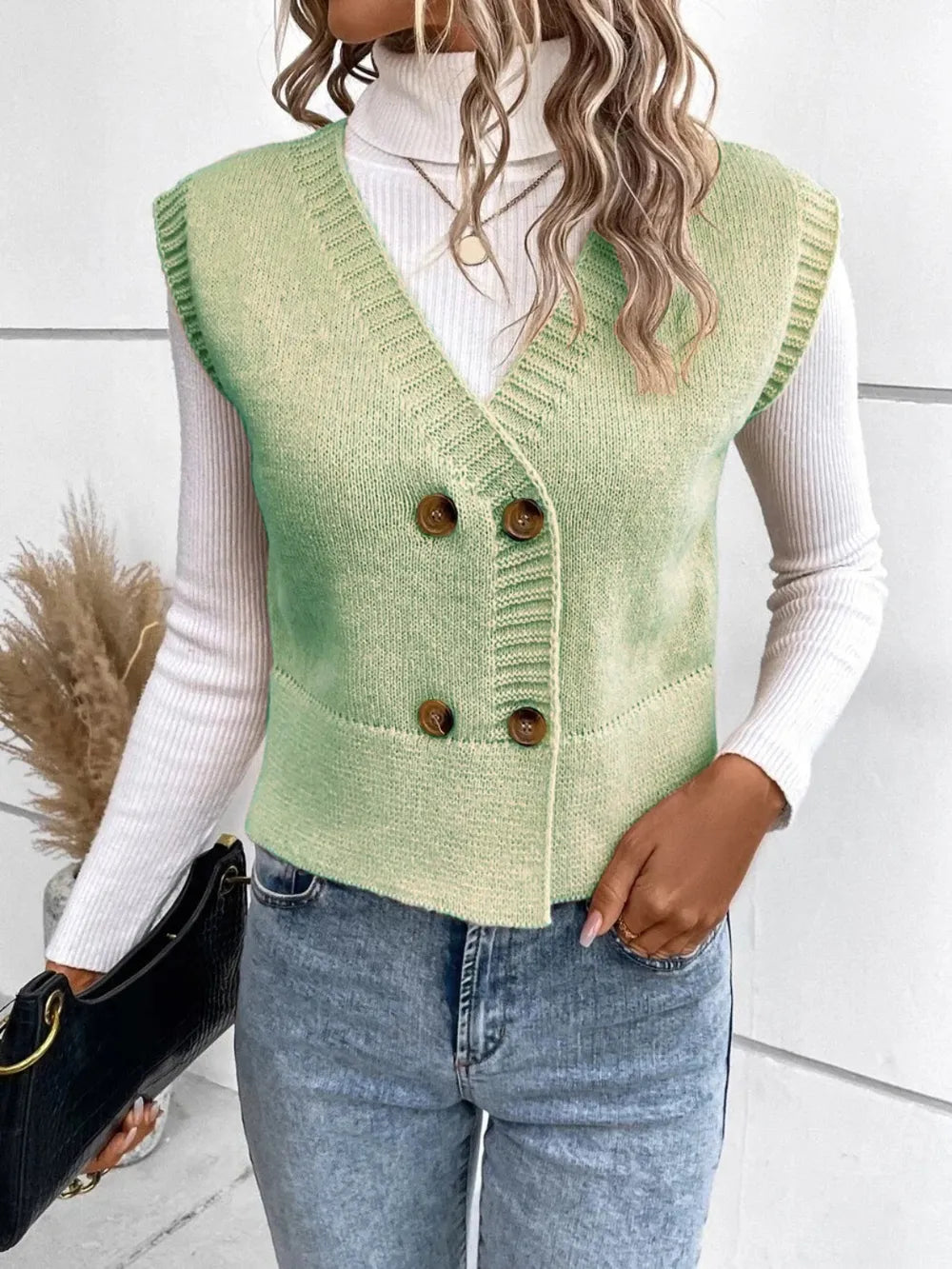 Full Size Button Up V-Neck Sweater Vest nicholesgifts