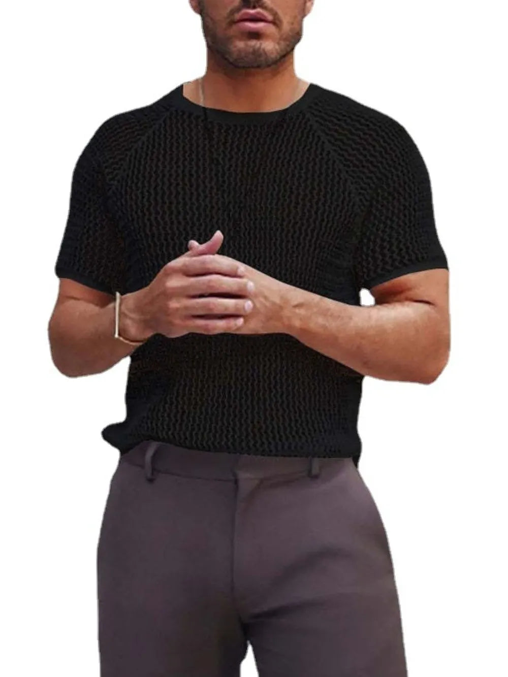 Men's Openwork Round Neck Short Sleeve T-Shirt NicholesGifts