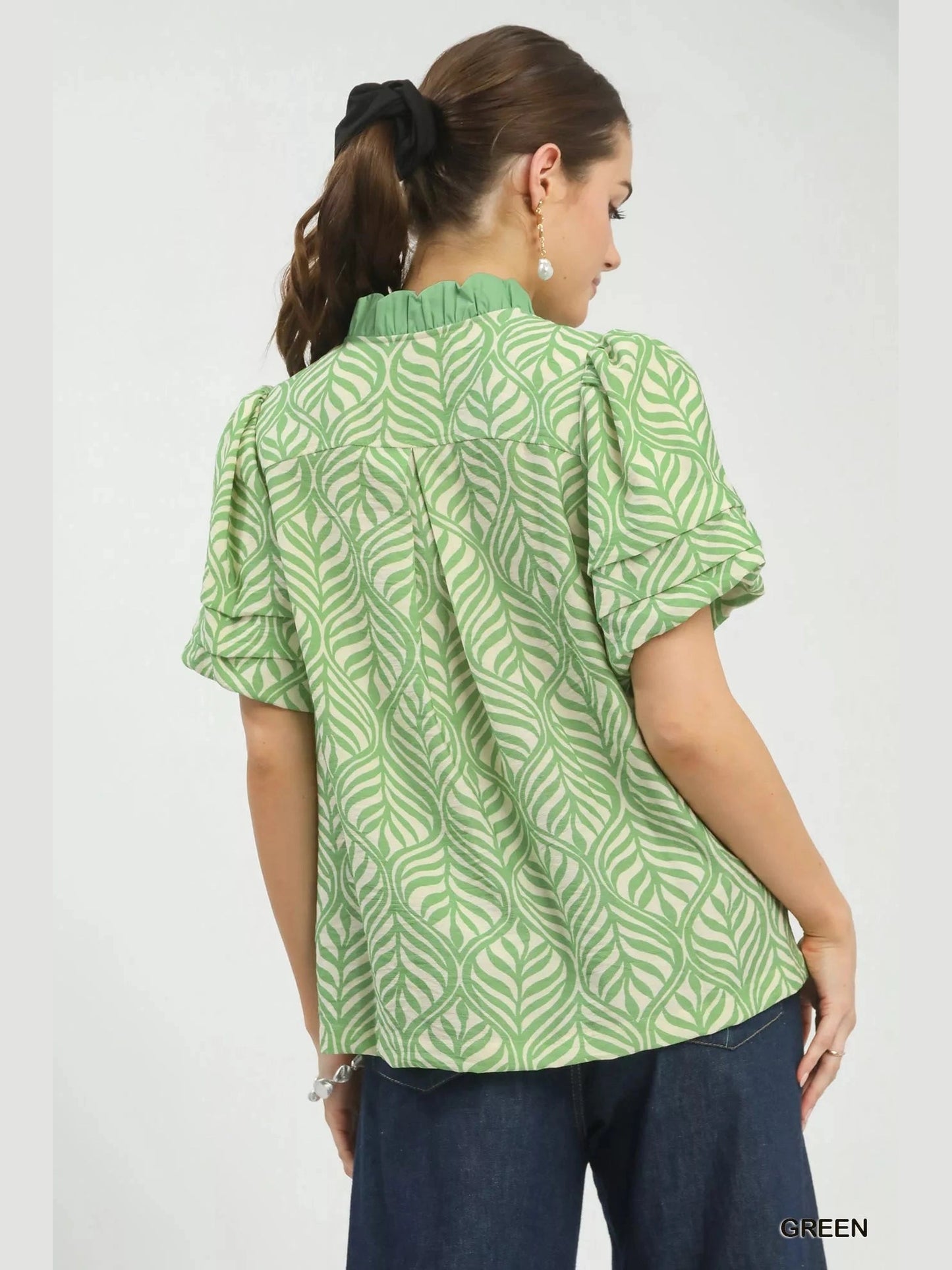 Umgee Printed Puff Sleeve Ruffle Neck Top Trendsi
