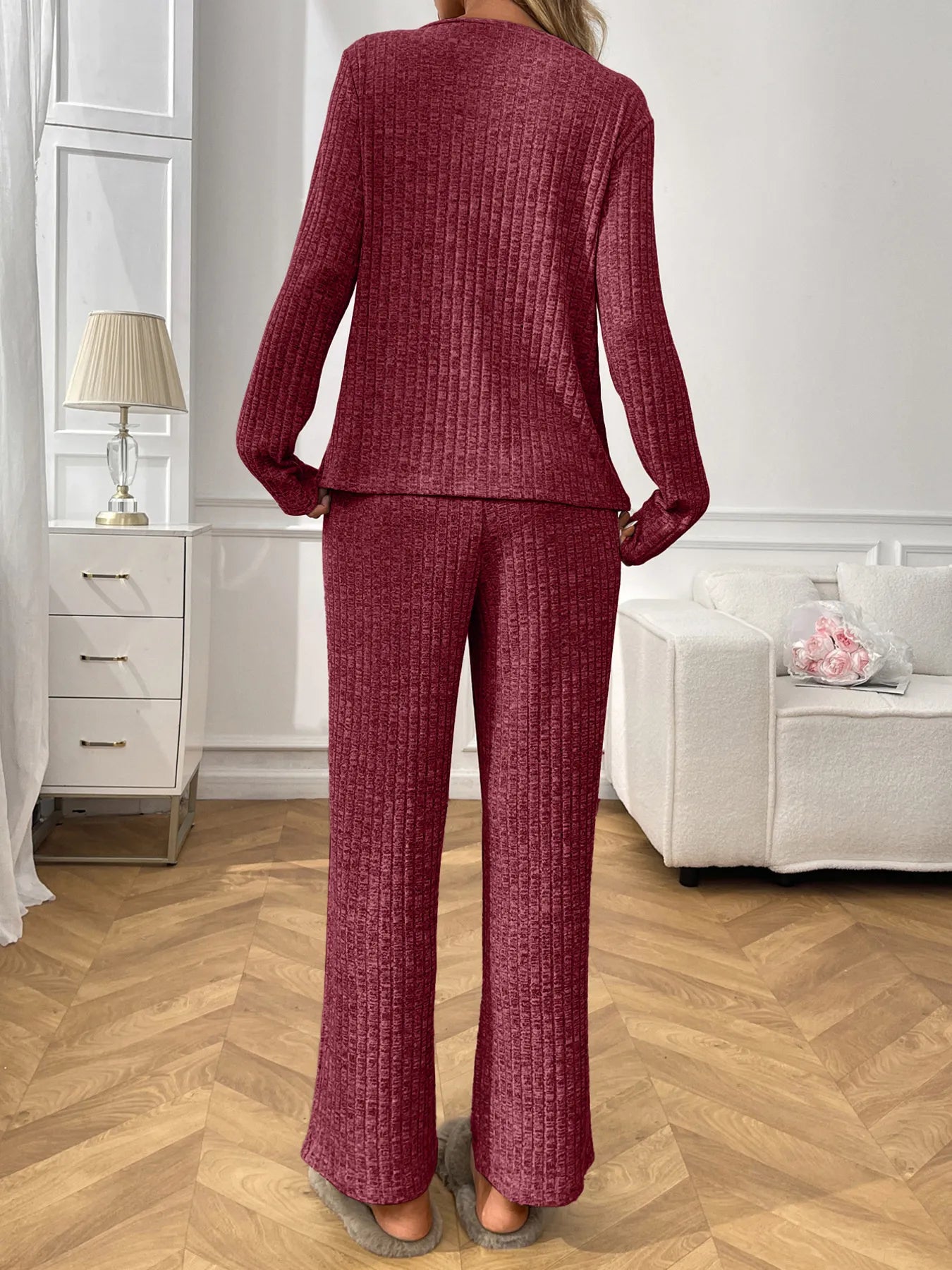 Ribbed Long Sleeve Top and Pants Lounge Set nicholesgifts