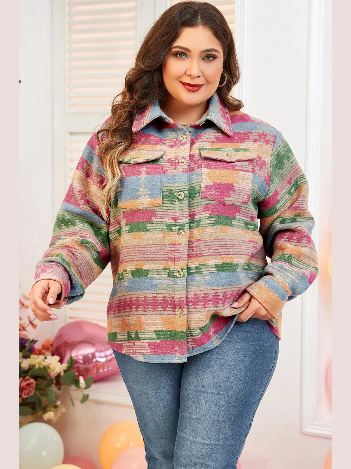 Plus Size Pocketed Printed Collared Neck Jacket Trendsi