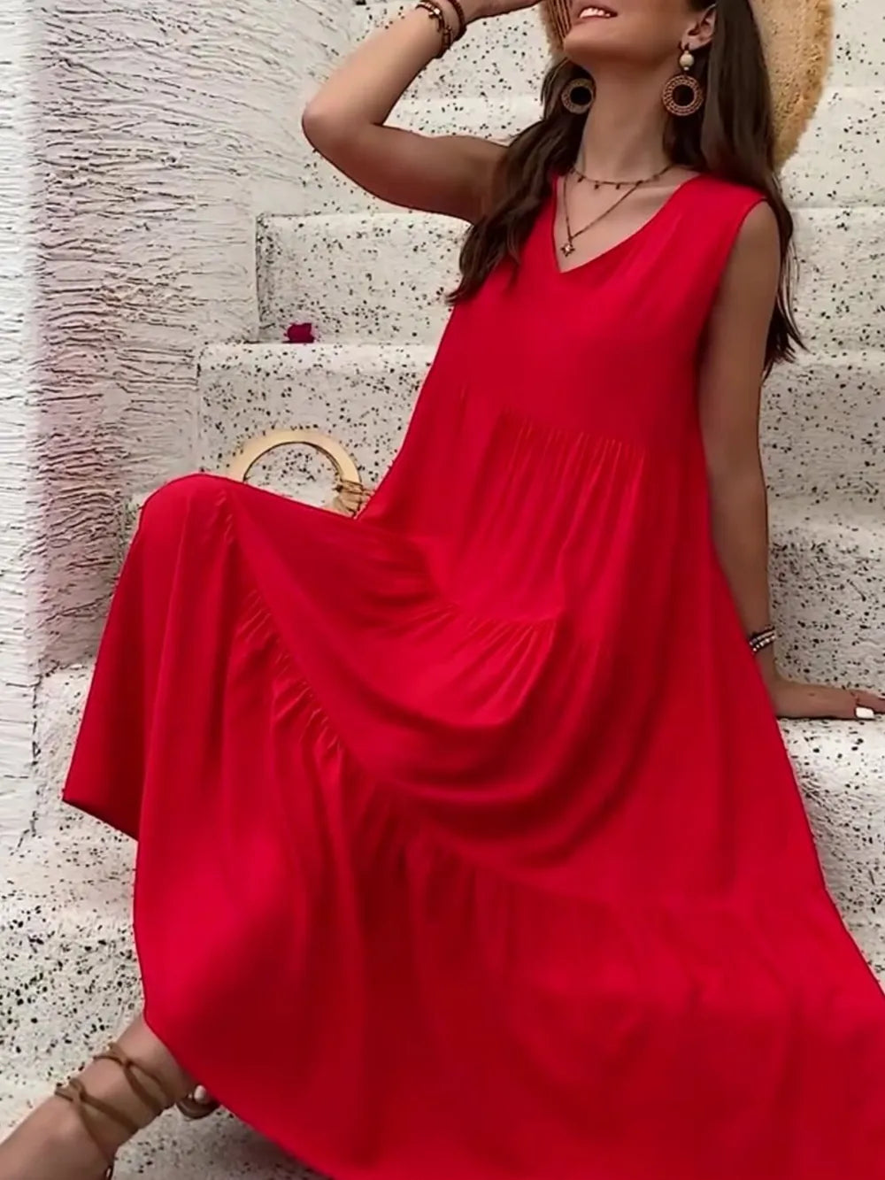 Tiered V-Neck Sleeveless Dress NicholesGifts