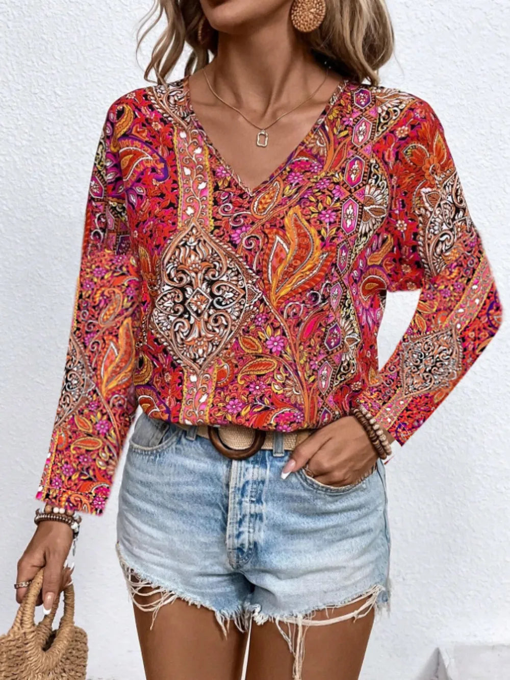 Printed V-Neck Long Sleeve Blouse NicholesGifts