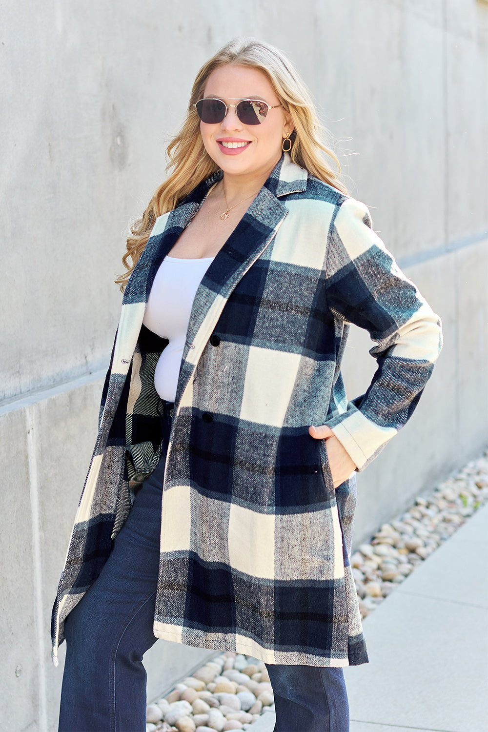 Double Take Full Size Plaid Button Up Lapel Collar Coat nicholesgifts