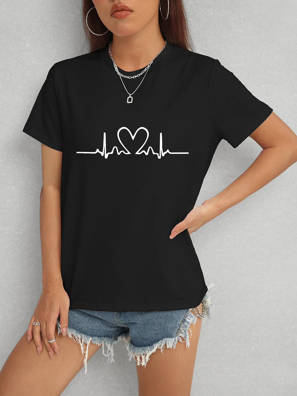 Heart Round Neck Short Sleeve T-Shirt nicholesgifts