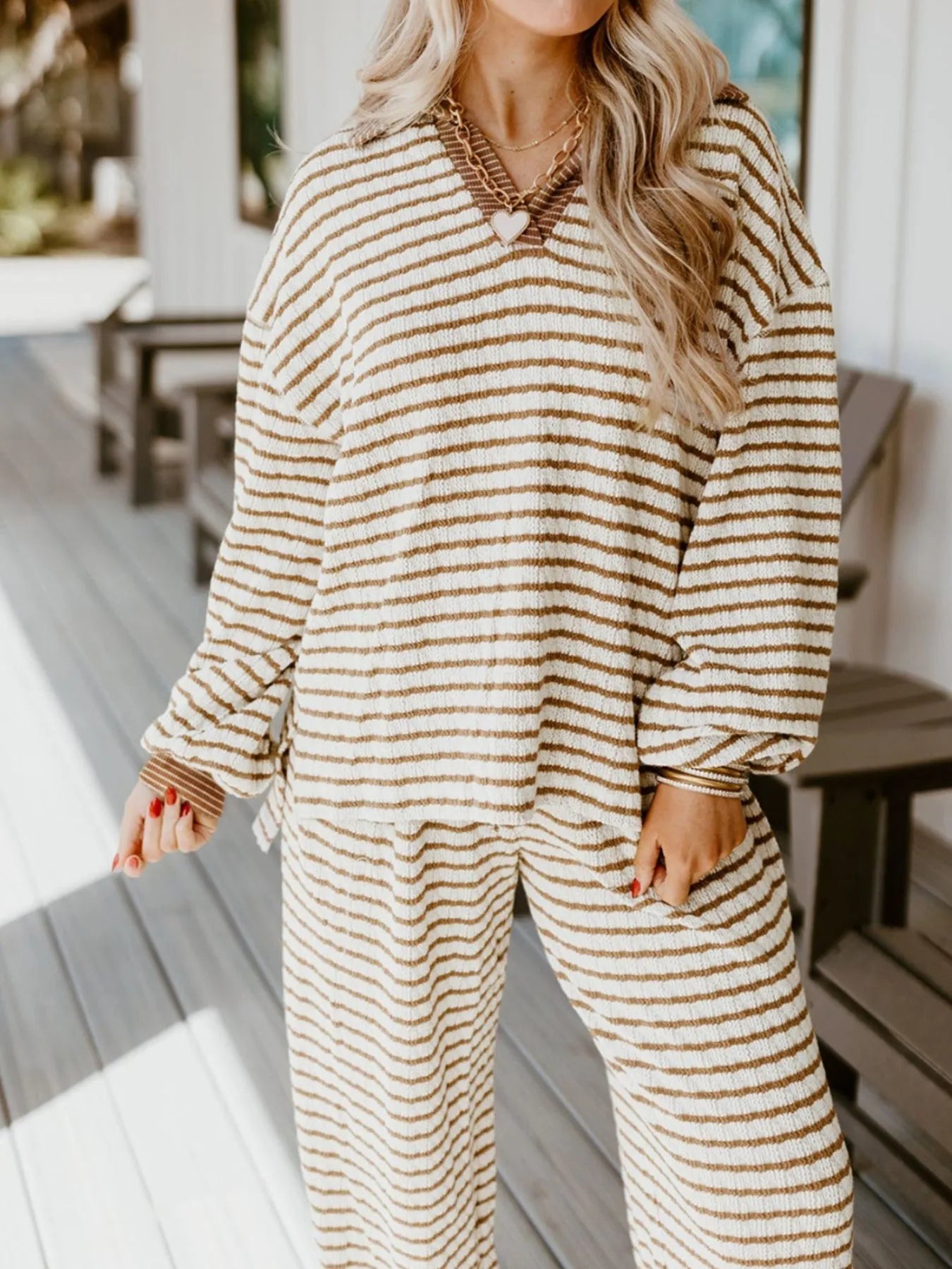Stripe Collared Top and Drawstring Pant Set Trendsi