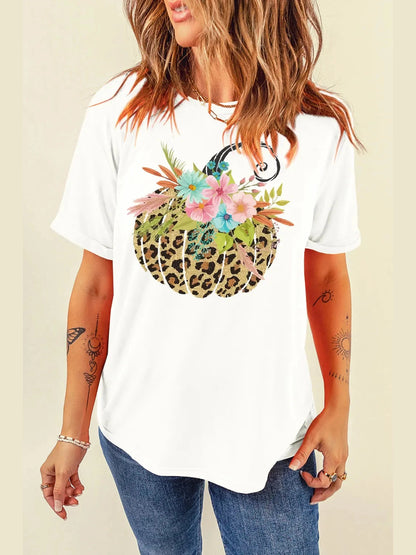 Pumpkin Graphic Round Neck Short Sleeve T-Shirt nicholesgifts