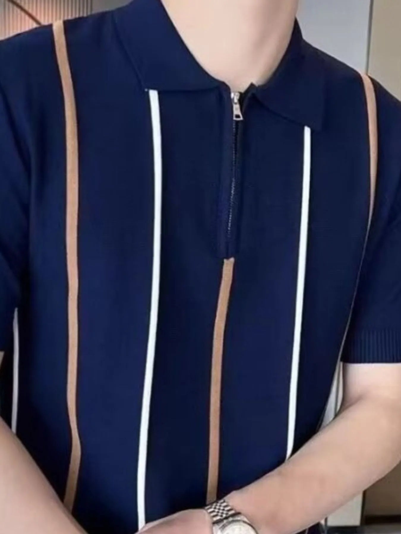 Men's Full Size Striped Zip Collar Short Sleeve Knit Polo Shirt Plus Size NicholesGifts