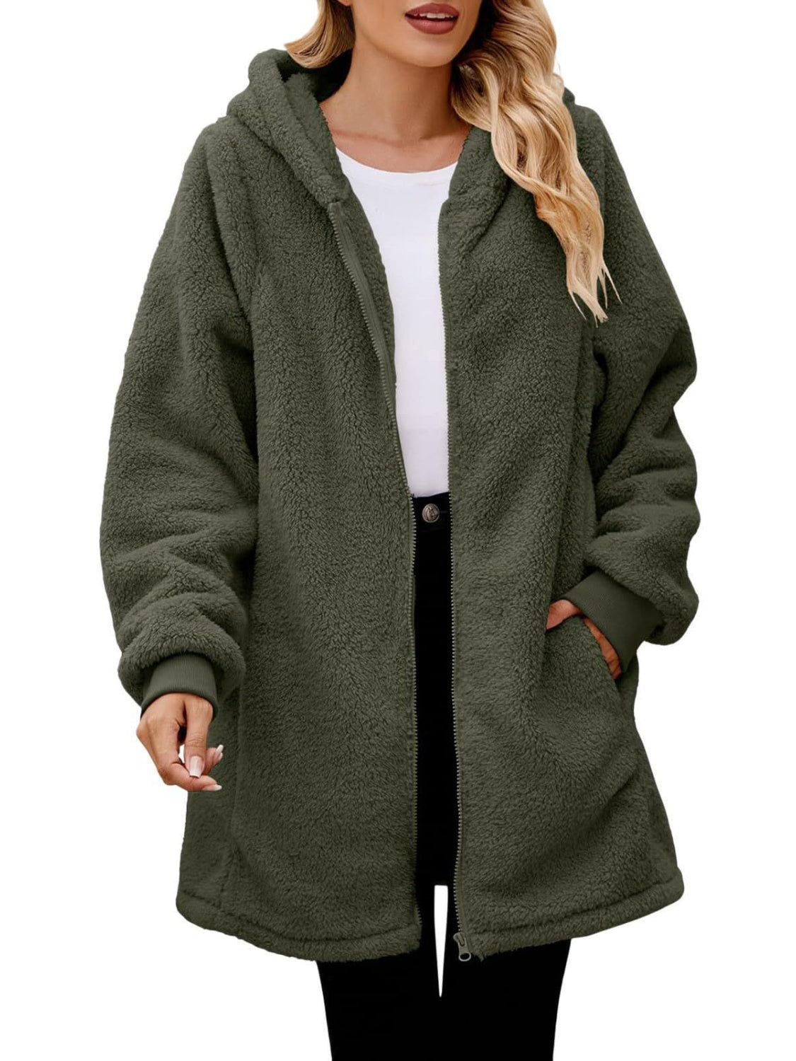 Fuzzy Pocketed Zip Up Long Sleeve Hooded Jacket NicholesGifts