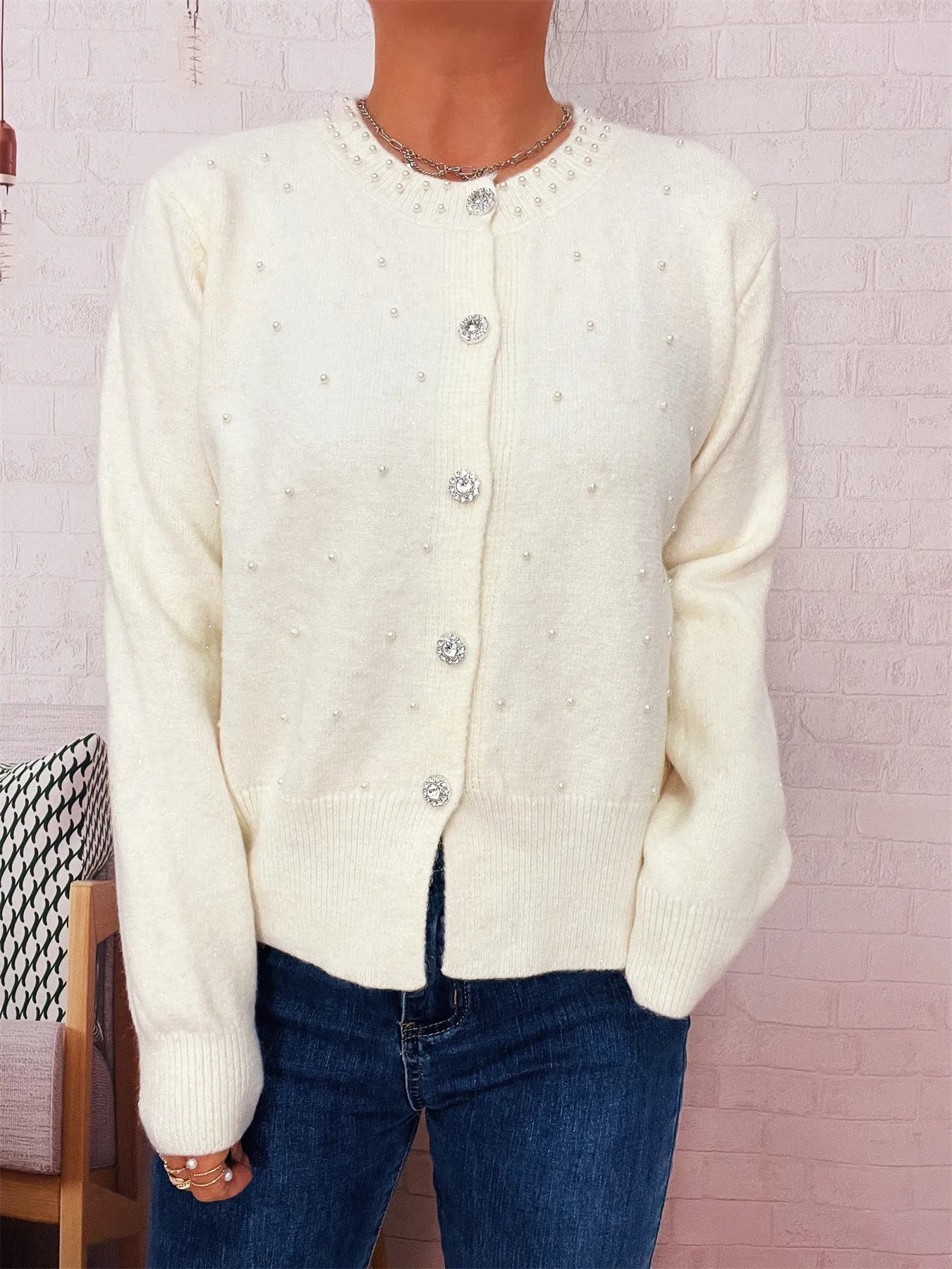 Pearl Detail Button-Front Cardigan NicholesGifts