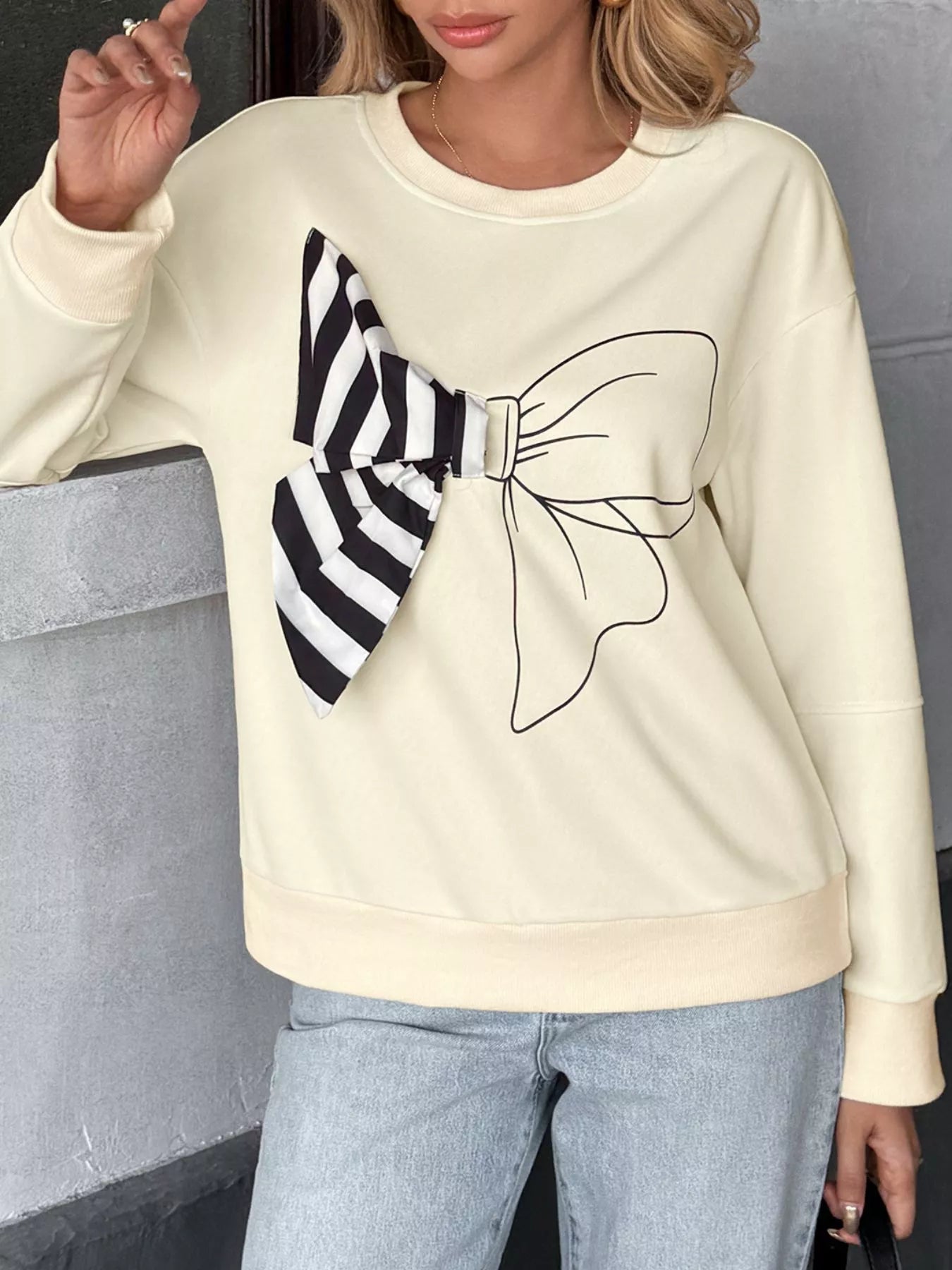 Bow Round Neck Dropped Shoulder Sweatshirt nicholesgifts