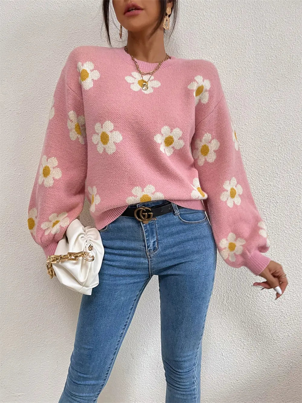 Flower Round Neck Latern Sleeve Sweater Trendsi