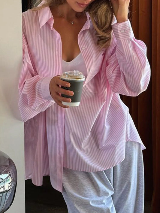 Collared Neck Long Sleeve Striped Button-Up Shirt