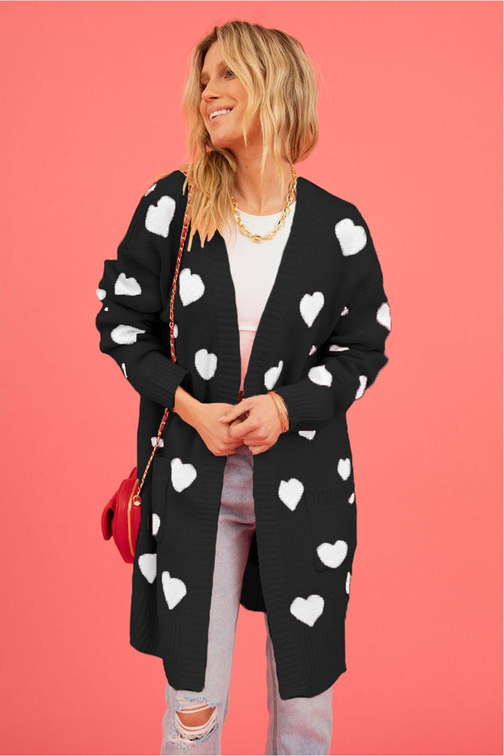 Heart Graphic Open Front Cardigan with Pockets nicholesgifts