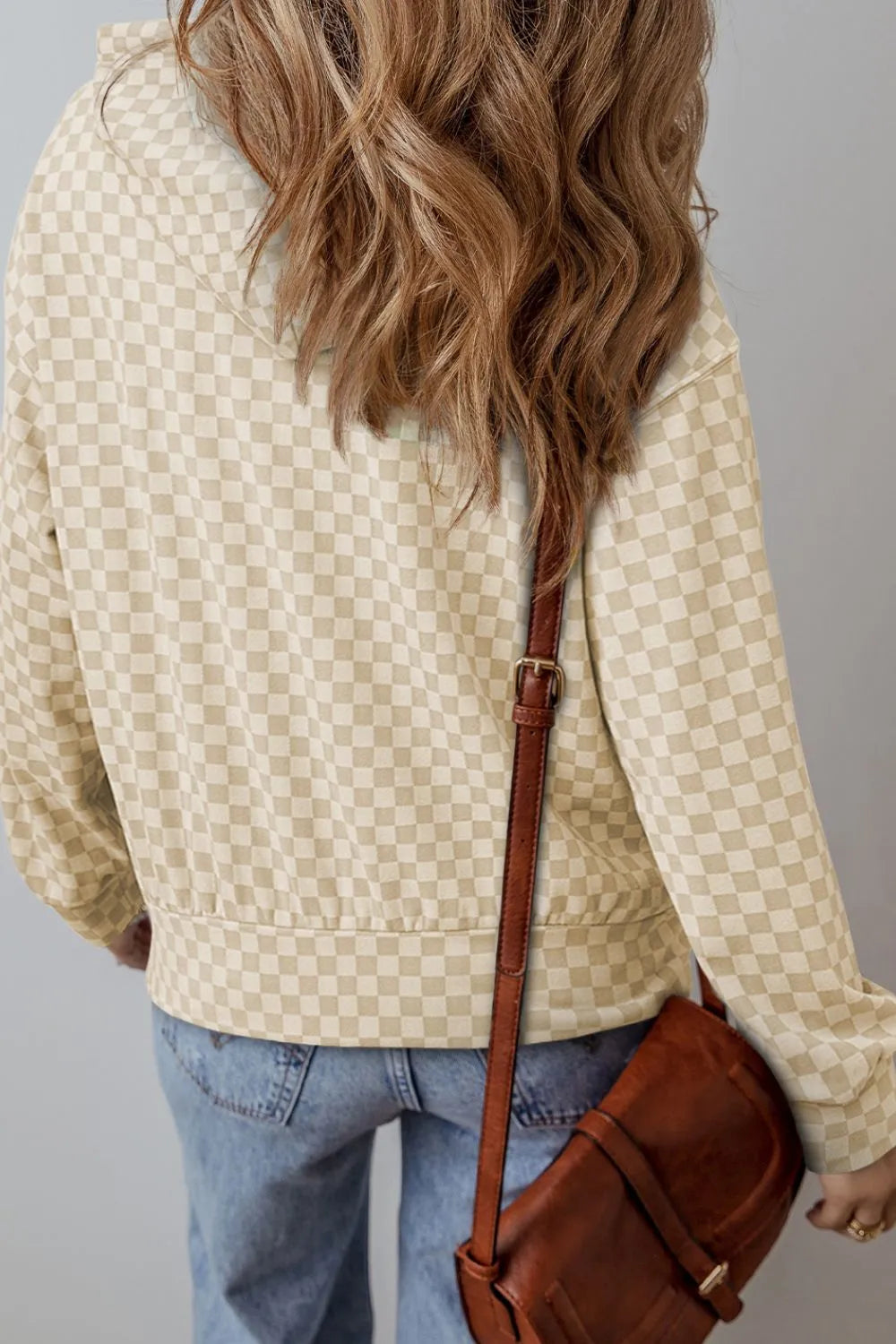 Checkered Print Kangaroo Pocket Drawstring Hoodie Trendsi
