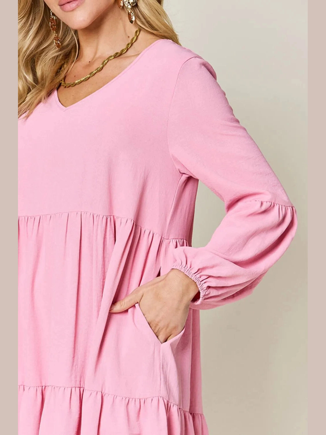 Double Take Full Size V-Neck Balloon Sleeve Tiered Dress with Pockets nicholesgifts