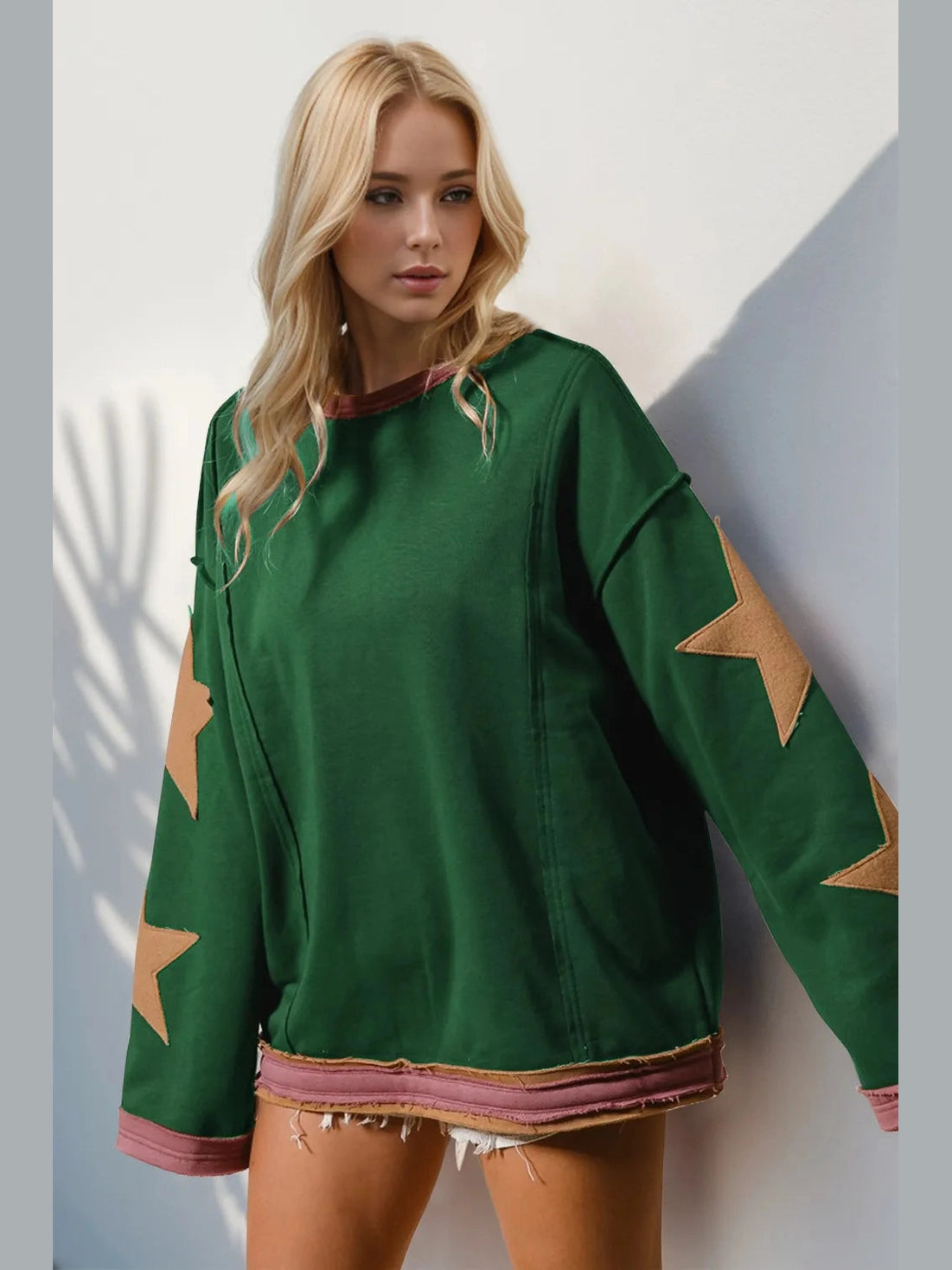 Double Take Star Patched Long Sleeve Sweatshirt Trendsi