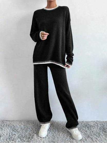 Side Slit Contrast Trim Round Neck Top and Pants Sweater Set nicholesgifts