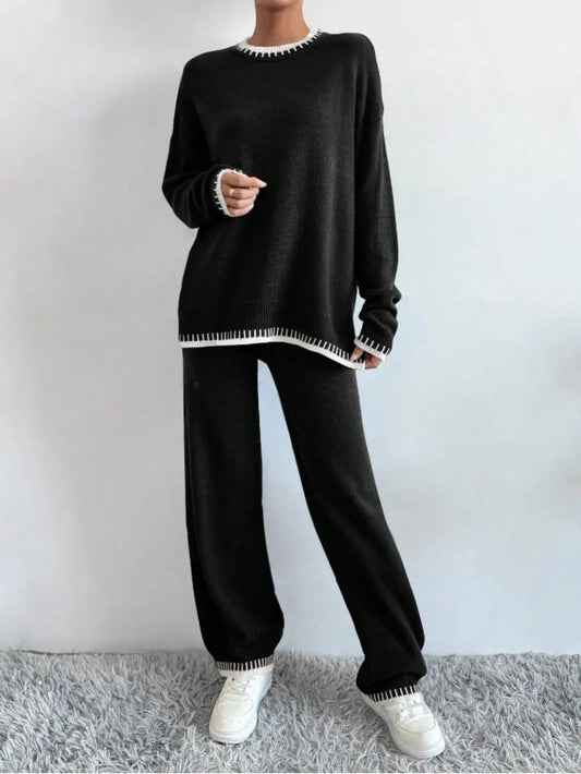 Side Slit Contrast Trim Round Neck Top and Pants Sweater Set nicholesgifts