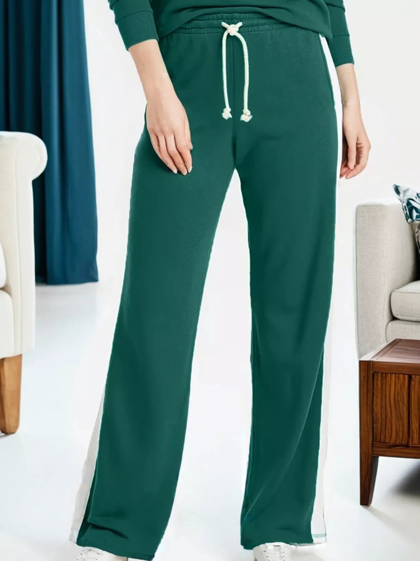 Round Neck Top and Stripe Detail Drawstring Pants Set nicholesgifts