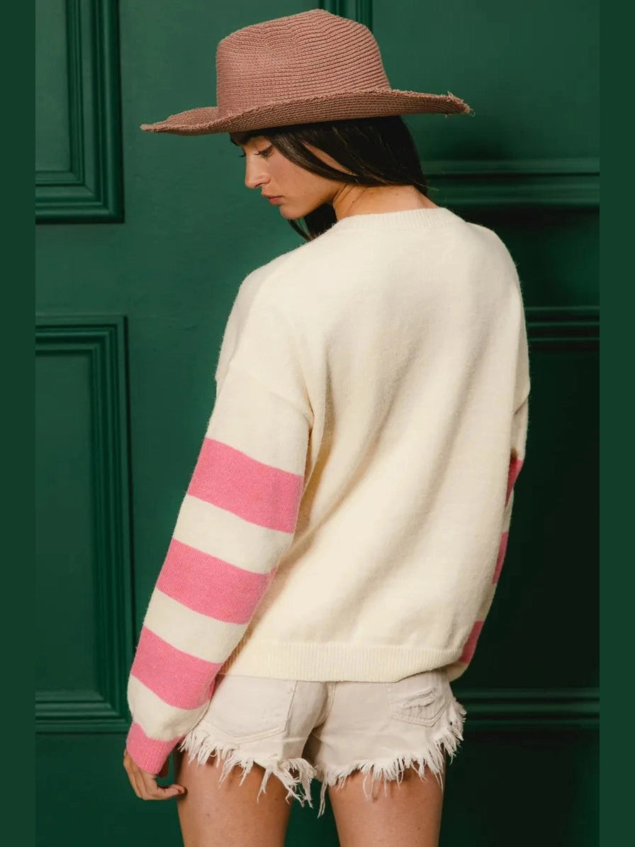 BiBi Colorful Floral Patched Sweater with Striped Sleeve Trendsi