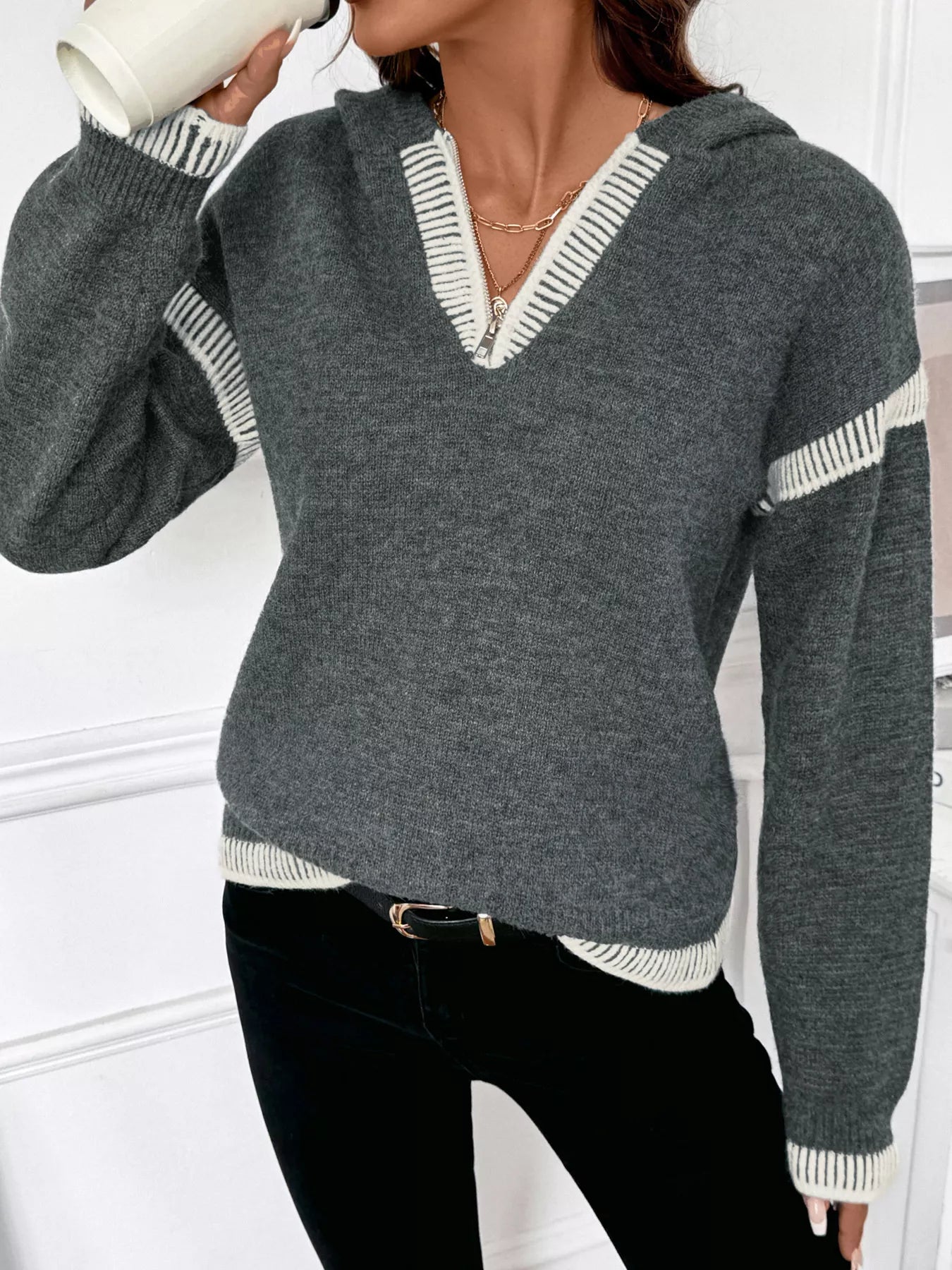 Contrast Trim Quarter Zip Hooded Sweater