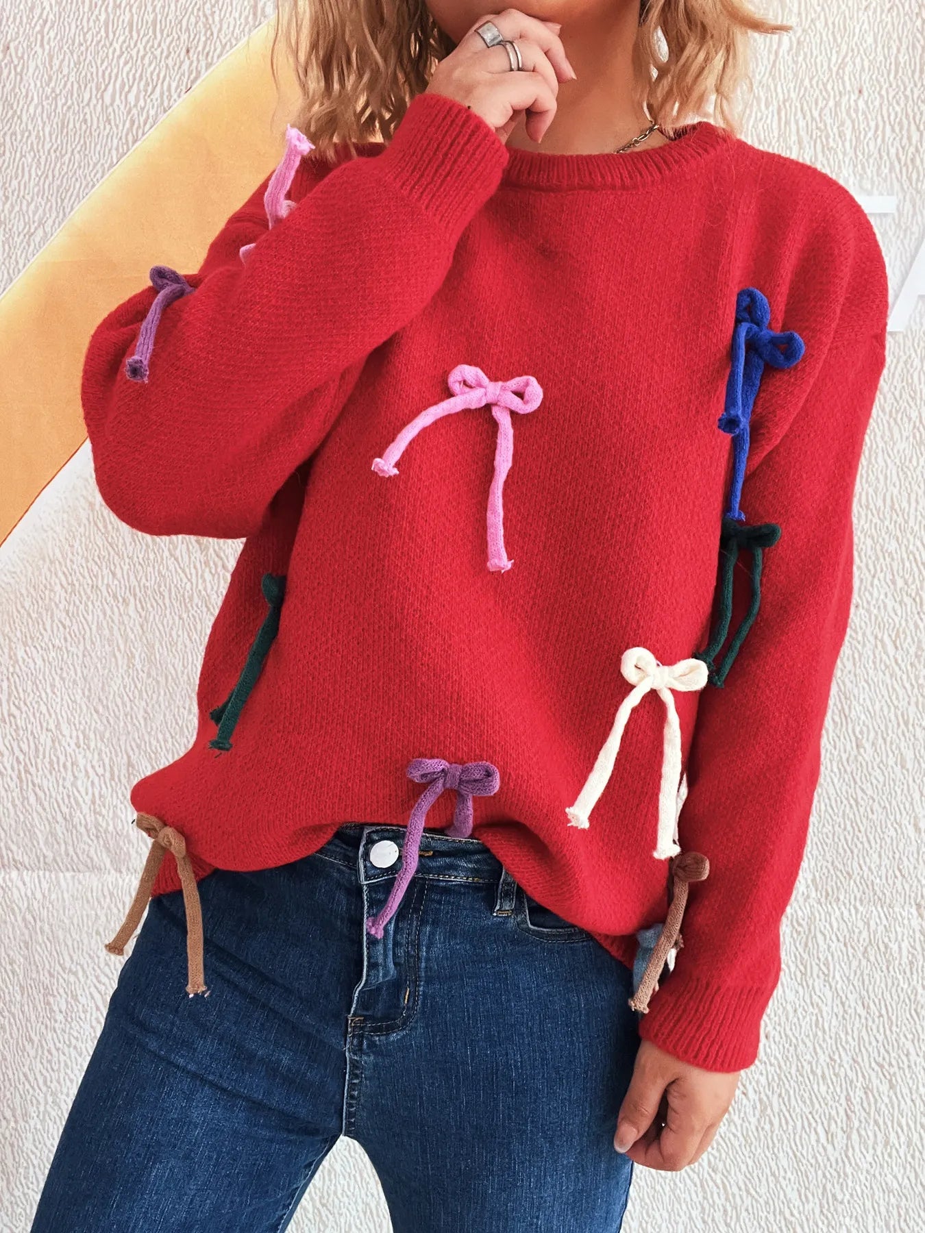 Colorful Bow Round Neck Sweater