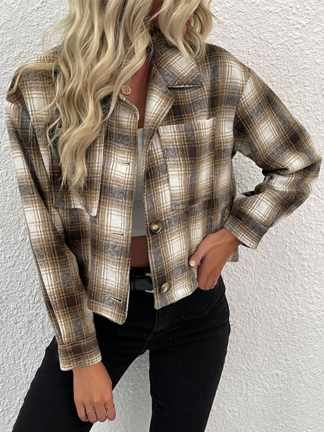 Perfee Plaid Button-Up Dropped Shoulder Shacket nicholesgifts