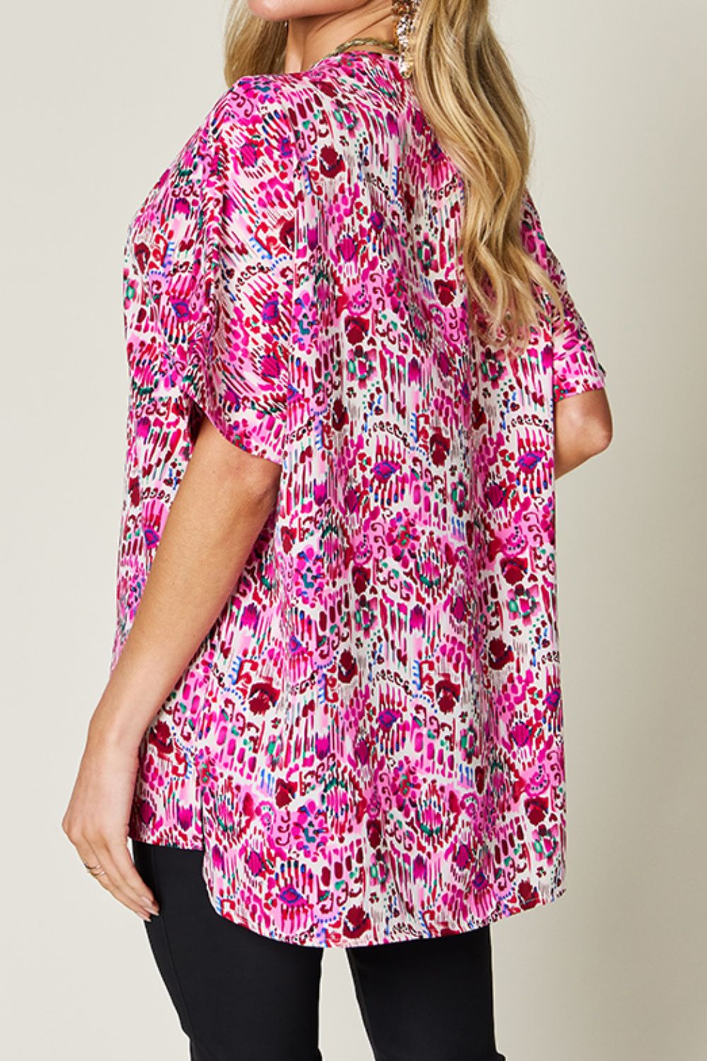 Double Take Full Size Printed V-Neck Short Sleeve Blouse nicholesgifts