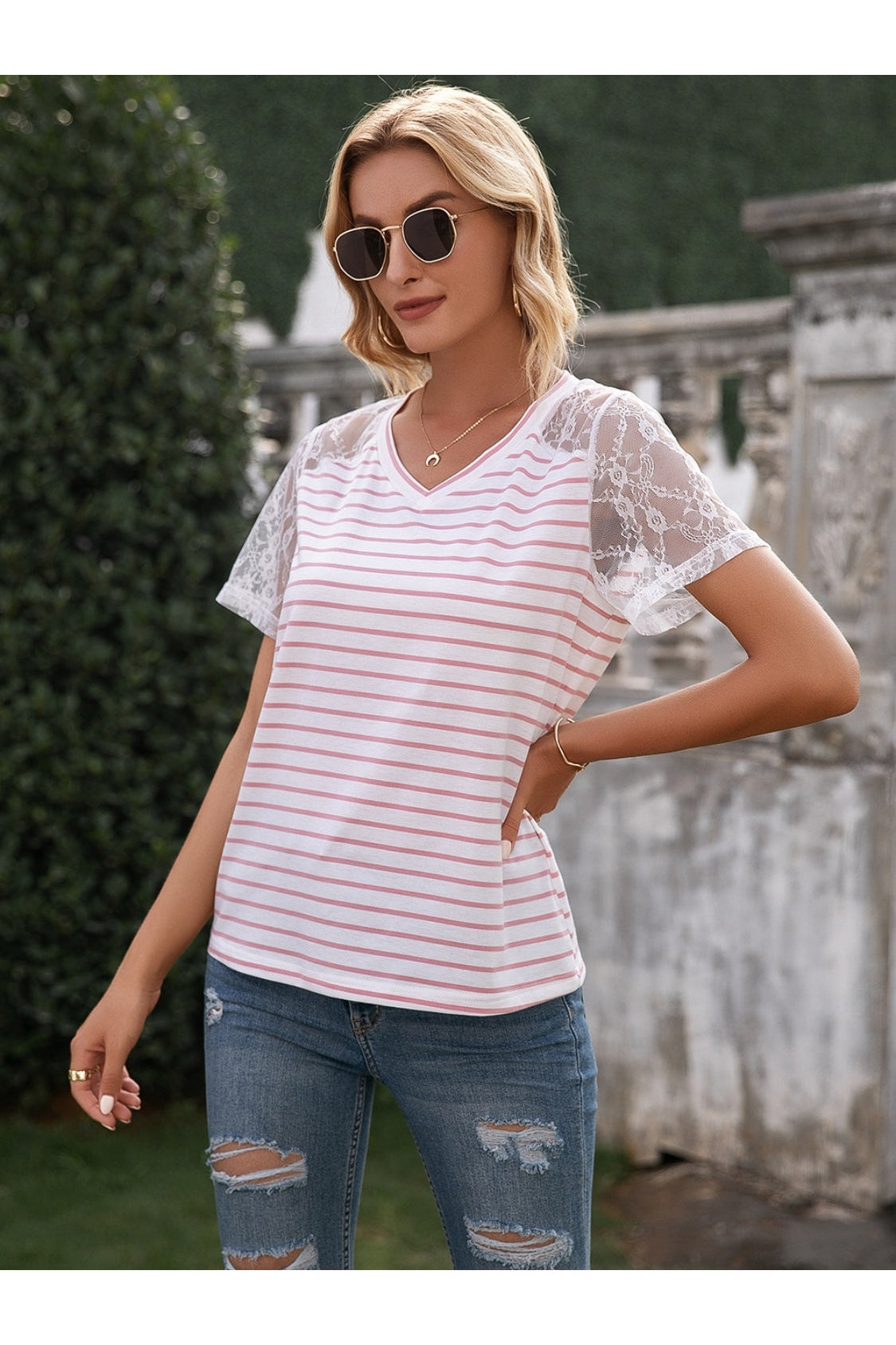 Lace Detail Striped V-Neck T-Shirt nicholesgifts