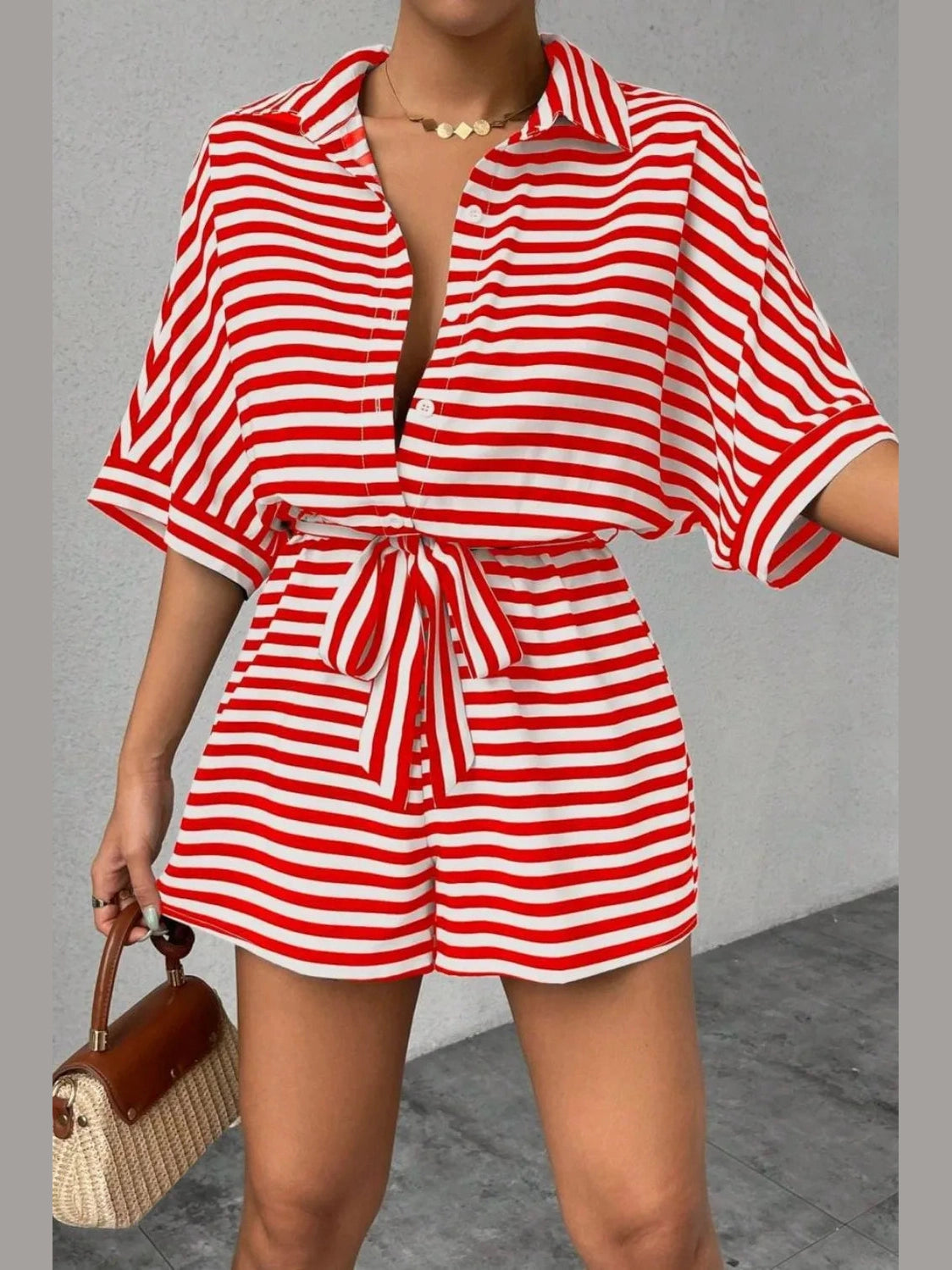 Striped Collared Neck Tie Waist Romper nicholesgifts