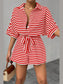 Striped Collared Neck Tie Waist Romper nicholesgifts