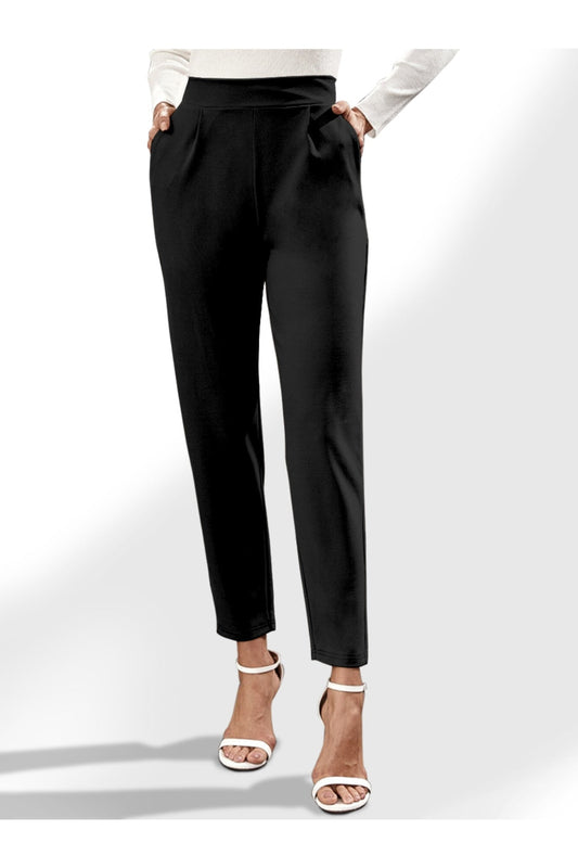 Women Black High Waist Straight Pants with Pockets