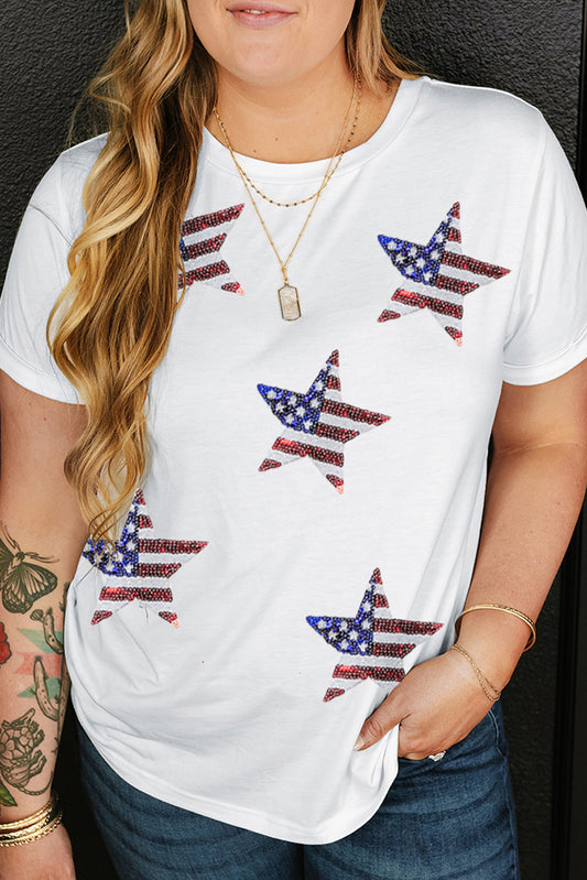 Plus Size Sequin Star Round Neck Short Sleeve T-Shirt NicholesGifts