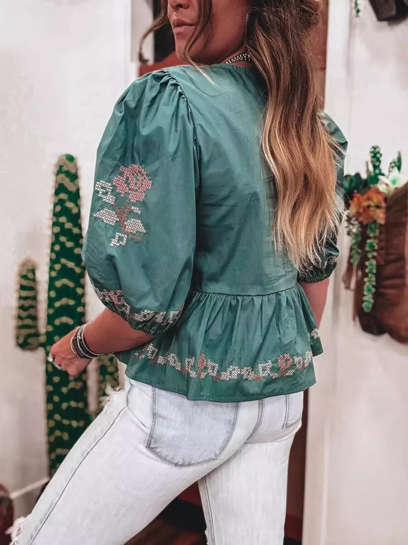 Women Green Floral Tie Front Puff Short Sleeve Blouse