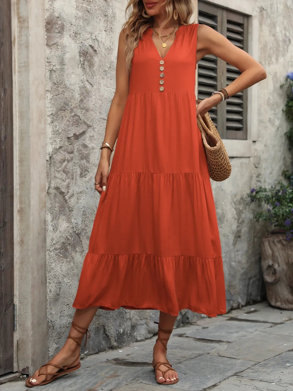 Ivy Lane Decorative Button Notched Sleeveless Dress Trendsi