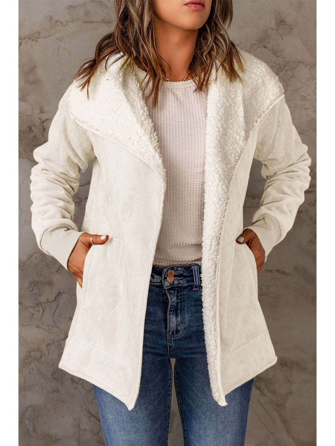 Open Front Long Sleeve Sherpa Jacket with Pockets nicholesgifts