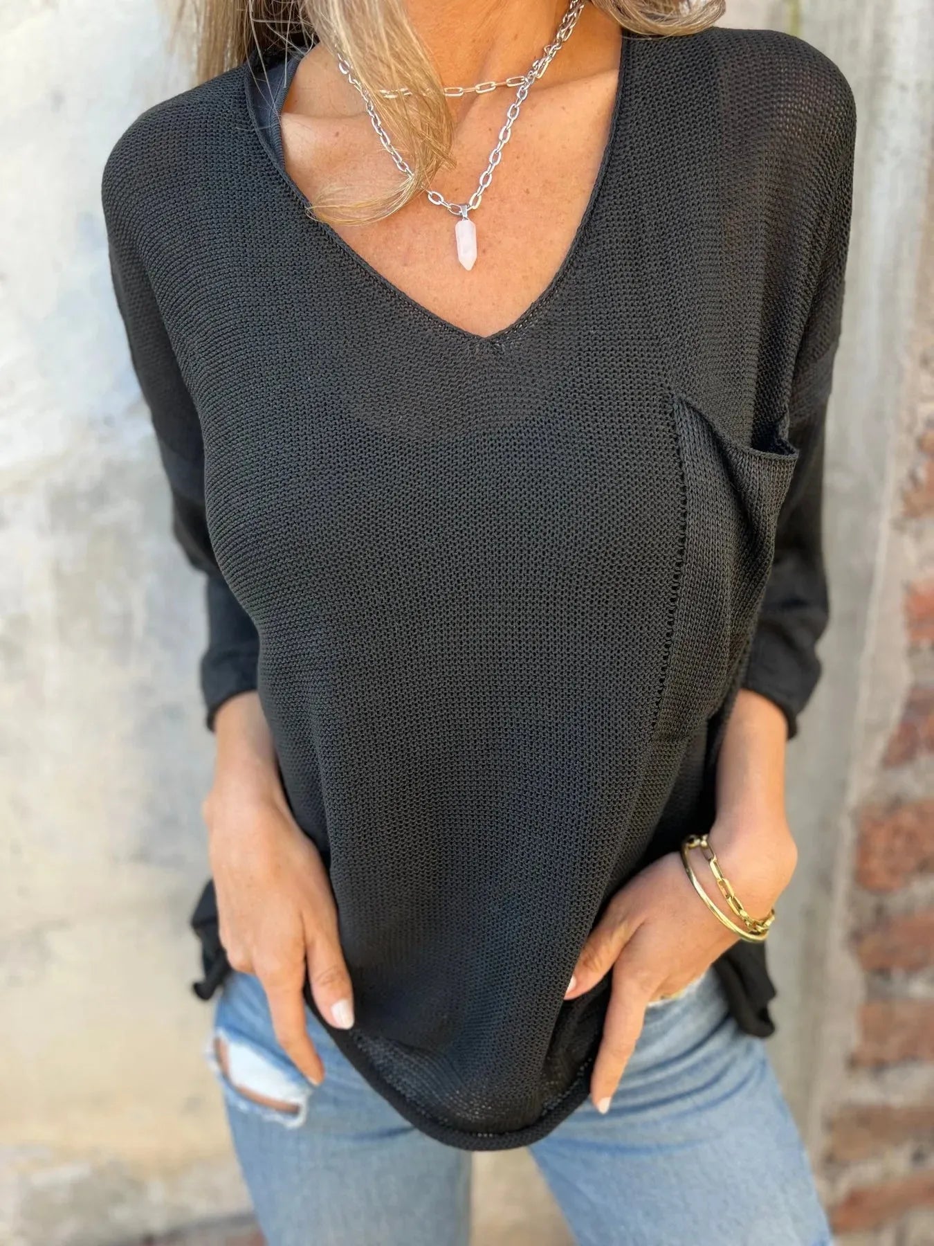 Full Size Casual V-Neck Knit Sweater Plus Size Trendsi