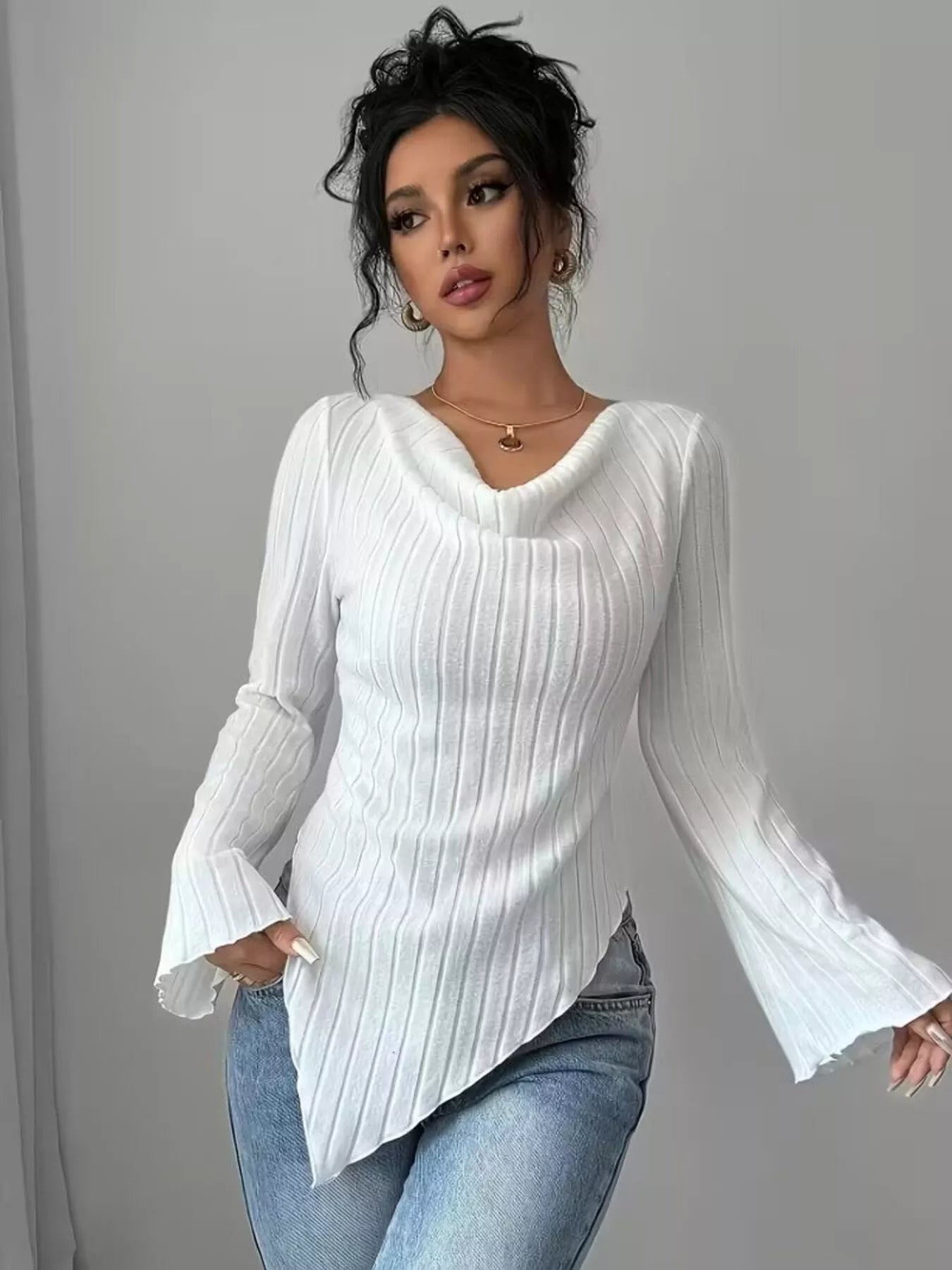 Cowl Neck Ribbed Knit T-Shirt nicholesgifts