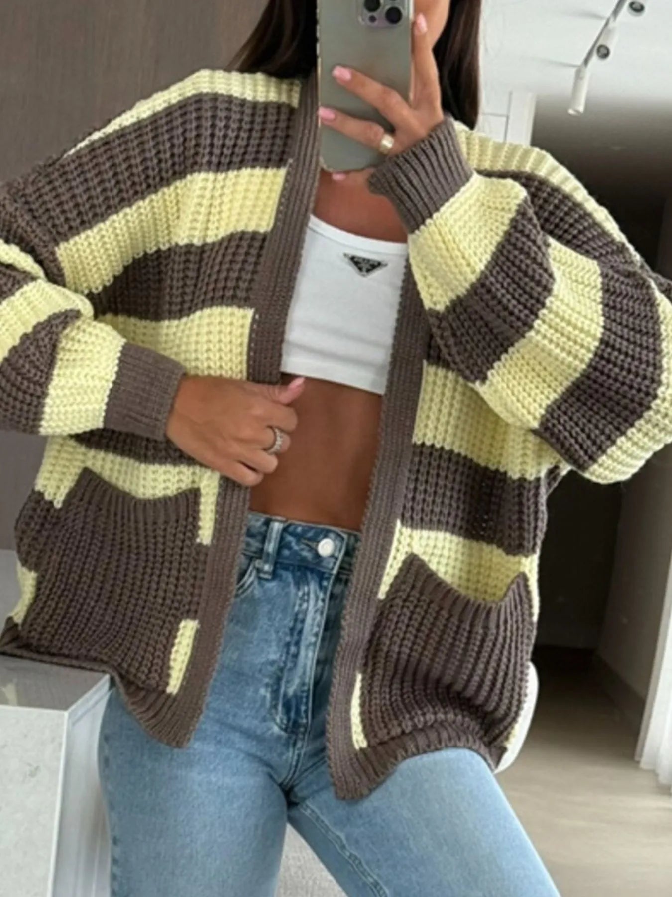 Striped Open Front Long Sleeve Cardigan Trendsi