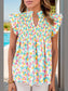 Ruffled Printed Notched Cap Sleeve Blouse nicholesgifts